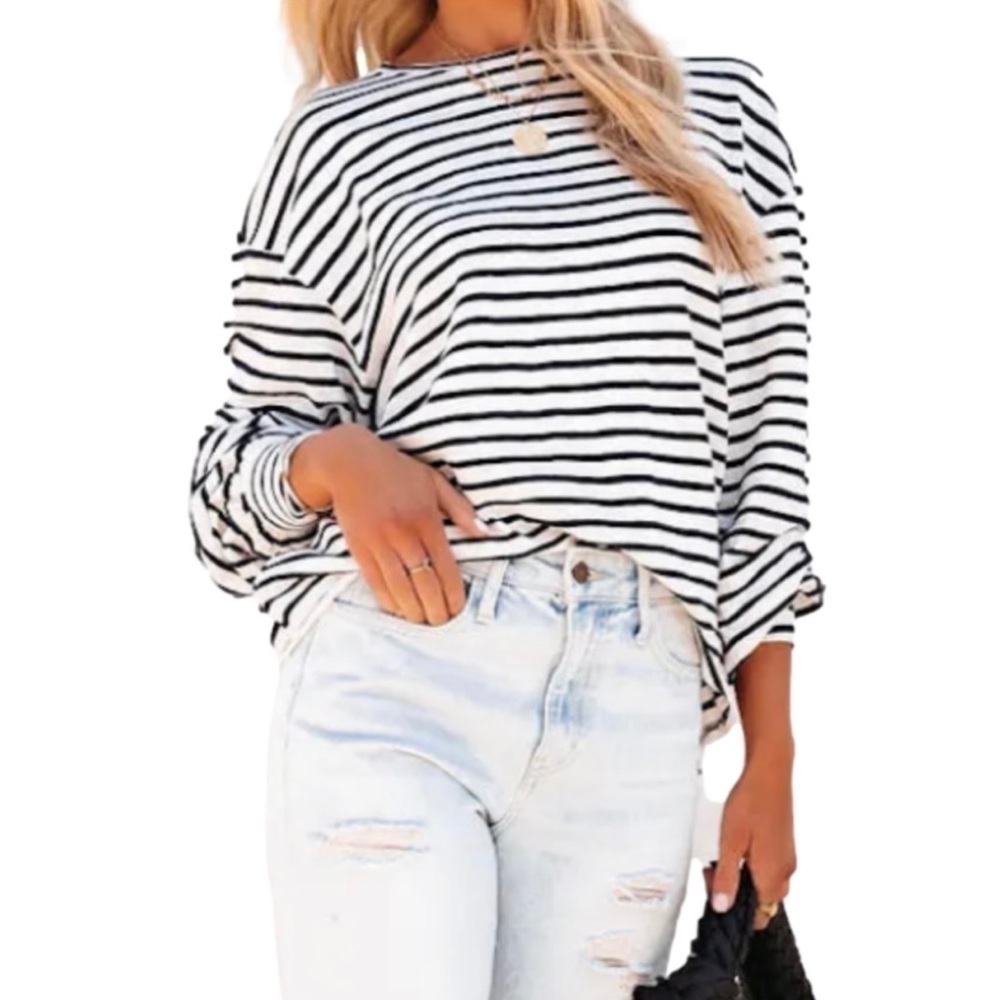 One Teaspoon Stripe Long Sleeve Journal Top in Black/Cream Size Small